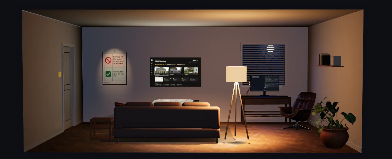 The Kiloton Labs home page room at night: a sofa facing a TV showing Foyer, a desk with a PC running KeyCadence under a window with blinds, a floor lamp, a plant and a poster by the front door.